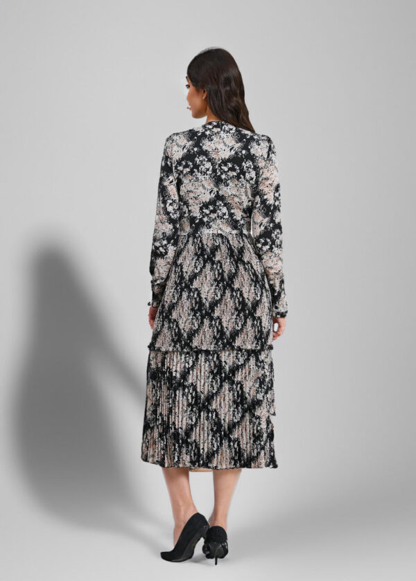luxandivy Monochrome Ruffle Dress for Women – Black and White Floral Midi Dress with Flowy Tiers - Image 2
