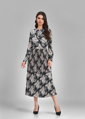 luxandivy Monochrome Ruffle Dress for Women – Black and White Floral Midi Dress with Flowy Tiers