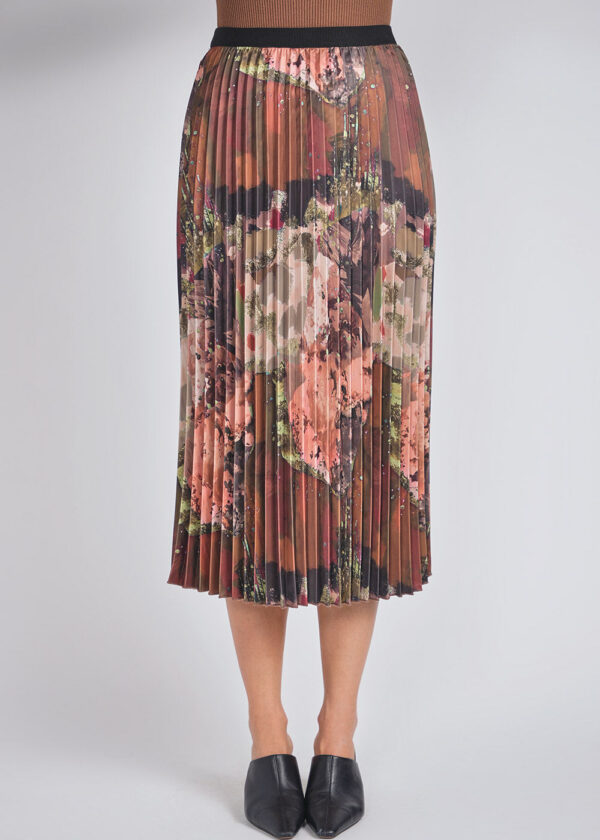 luxandivy Abstract Brown Pleated Midi Skirt for Women – Flowy Printed A-Line Skirt - Image 2
