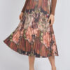 luxandivy Abstract Brown Pleated Midi Skirt for Women – Flowy Printed A-Line Skirt