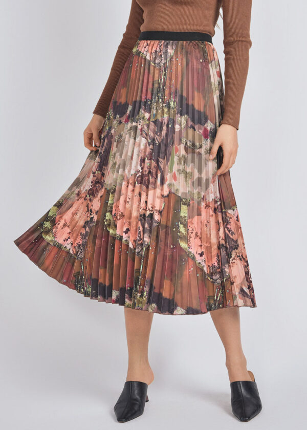 luxandivy Abstract Brown Pleated Midi Skirt for Women – Flowy Printed A-Line Skirt