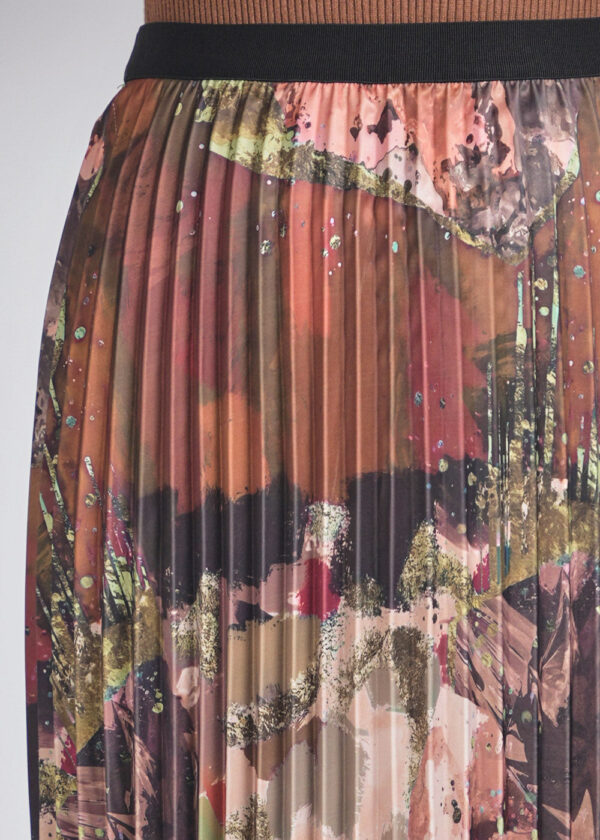luxandivy Abstract Brown Pleated Midi Skirt for Women – Flowy Printed A-Line Skirt - Image 3