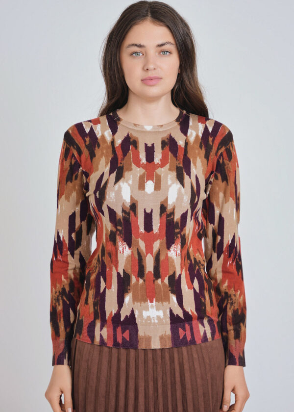luxandivy Abstract Citrus Hue Knit Sweater for Women – Vibrant Color Block Pullover