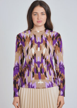 luxandivy Abstract Purple Hue Knit Sweater for Women – Artistic Color Block Pullover