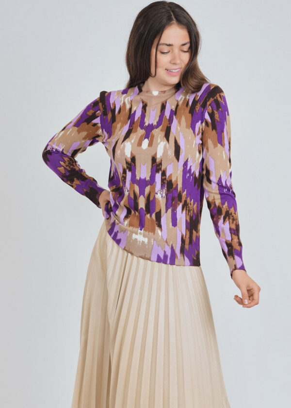 luxandivy Abstract Purple Hue Knit Sweater for Women – Artistic Color Block Pullover - Image 3