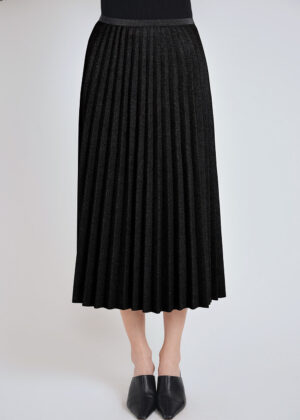 luxandivy Black Pleated Suede Midi Skirt for Women – Soft Faux Suede A-Line Skirt