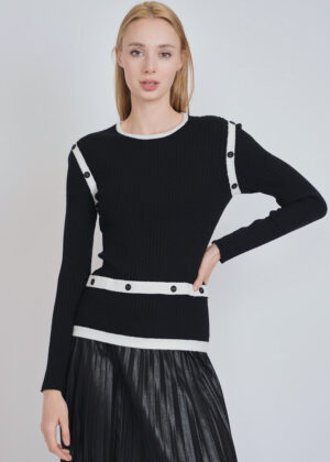 Ribbed Knit Sweater with White Button Bands