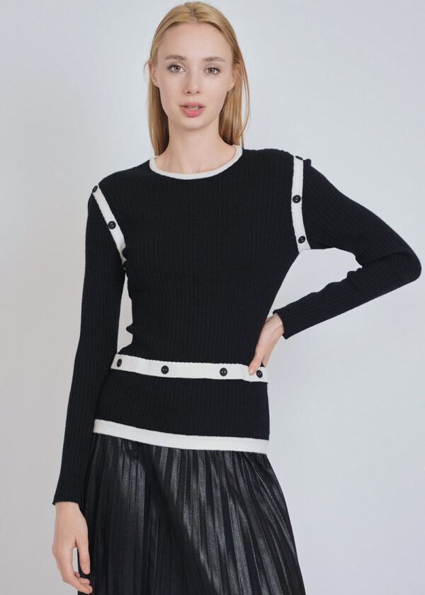 Ribbed Knit Sweater with White Button Bands