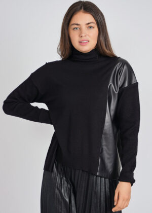 luxandivy Black Sweater for Women – Side Faux Leather Panel Pullover