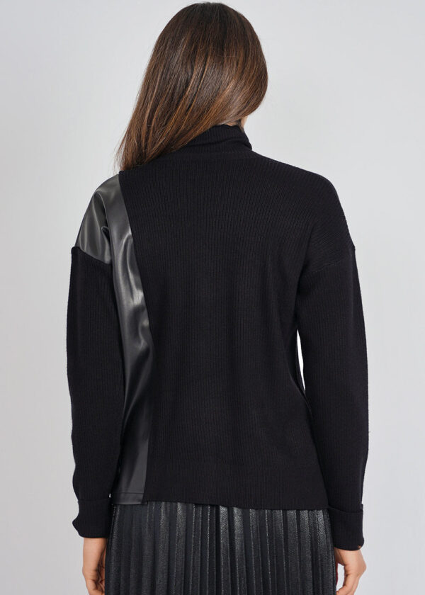 luxandivy Black Sweater for Women – Side Faux Leather Panel Pullover - Image 2
