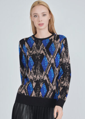 luxandivy Blue Diamond Knit Sweater for Women – Cozy Geometric Pattern Pullover