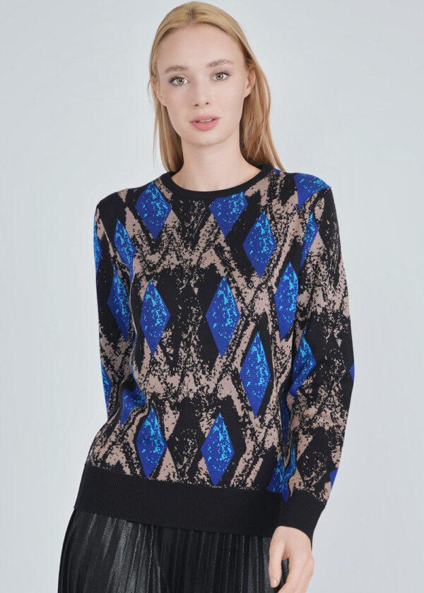 luxandivy Blue Diamond Knit Sweater for Women – Cozy Geometric Pattern Pullover