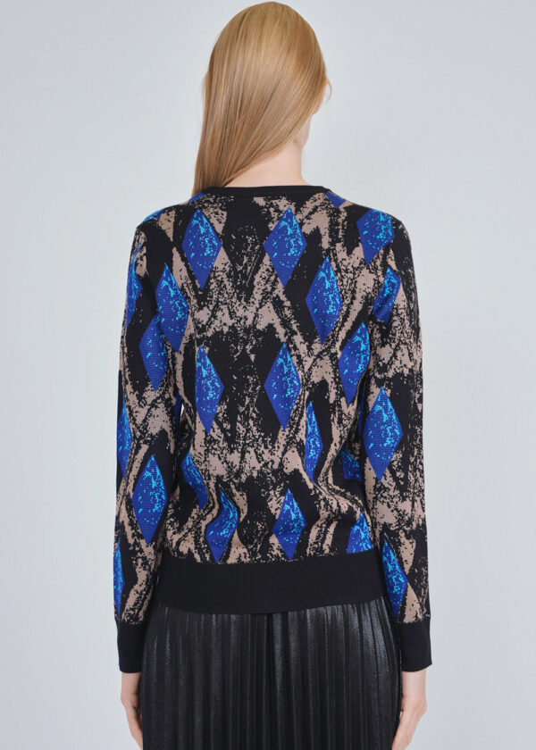 luxandivy Blue Diamond Knit Sweater for Women – Cozy Geometric Pattern Pullover - Image 2