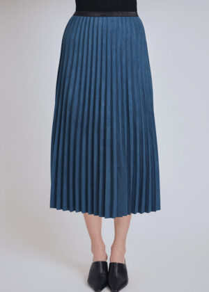 luxandivy Blue Pleated Midi Skirt for Women – Flowy Solid A-Line Skirt