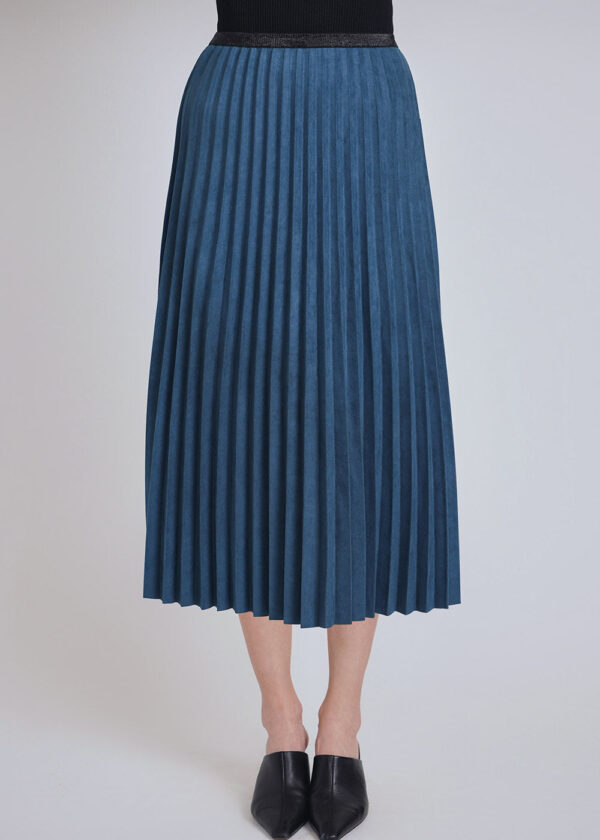 luxandivy Blue Pleated Midi Skirt for Women – Flowy Solid A-Line Skirt