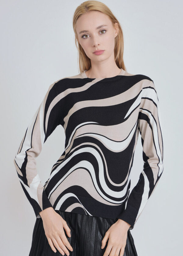 luxandivy Brown Abstract Knit Sweater for Women – Cozy Artistic Pullover Jumper