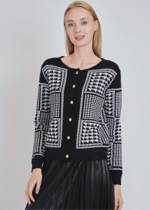 luxandivy Buttoned Monochrome Cardigan for Women – Black and White Knit Sweater Jacket