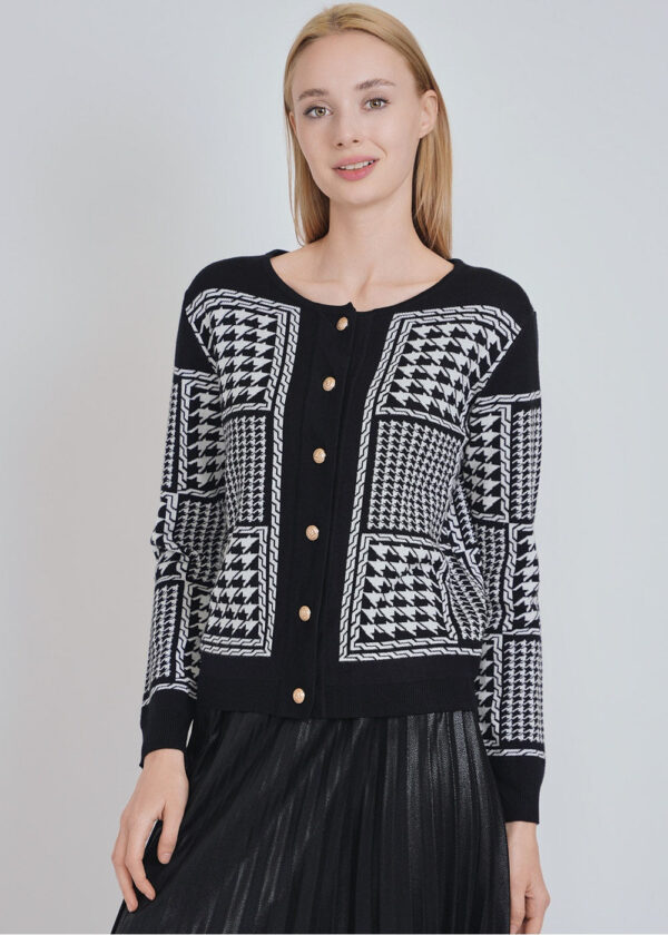 luxandivy Buttoned Monochrome Cardigan for Women – Black and White Knit Sweater Jacket