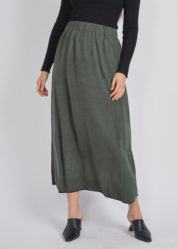 luxandivy Classic Green Skirt for Women – Tailored Midi Skirt with Contrast Black Stitching - Image 2