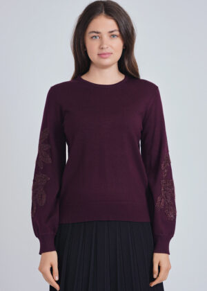 luxandivy Burgundy Knit Sweater for Women – Statement Sleeve Pullover with Textured Detail