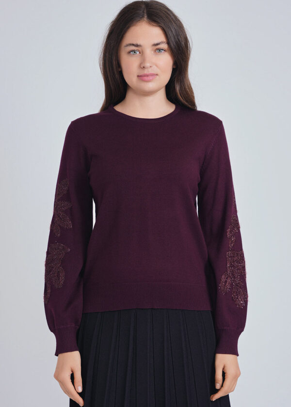 luxandivy Burgundy Knit Sweater for Women – Statement Sleeve Pullover with Textured Detail