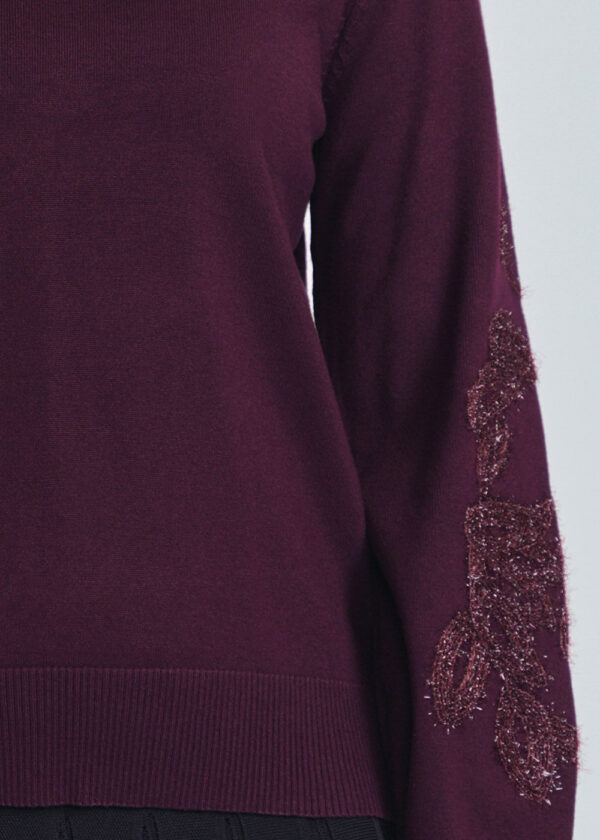 luxandivy Burgundy Knit Sweater for Women – Statement Sleeve Pullover with Textured Detail - Image 3