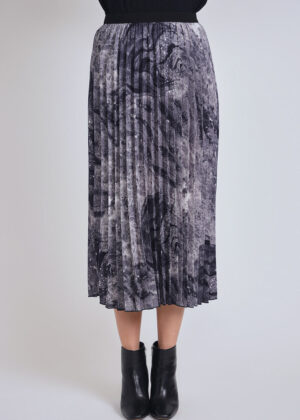 luxandivy Grey Abstract Pleated Midi Skirt for Women – Flowy Artistic Print A-Line Skirt