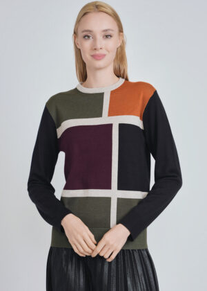 luxandivy Mosaic Color Block Knit Sweater for Women – Bold Geometric Pullover Jumper