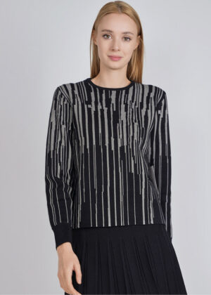 luxandivy Silver Lined Black Knit Top for Women – Elegant Metallic Trim Sweater Blouse